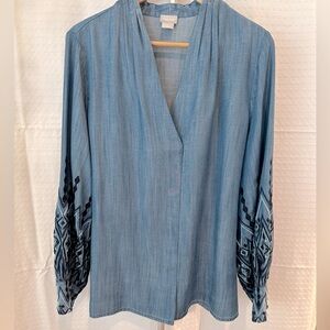Chicos Embroidered Sleeve Tunic Top Size 12 Blue Denim 100% Tencel® Popover